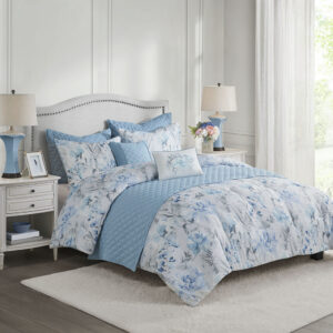 Transform your bedroom with the Madison Park Pema 8 Piece Printed Seersucker Comforter and Quilt Set Collection. This seersucker comforter and 2 shams feature an allover blue floral print