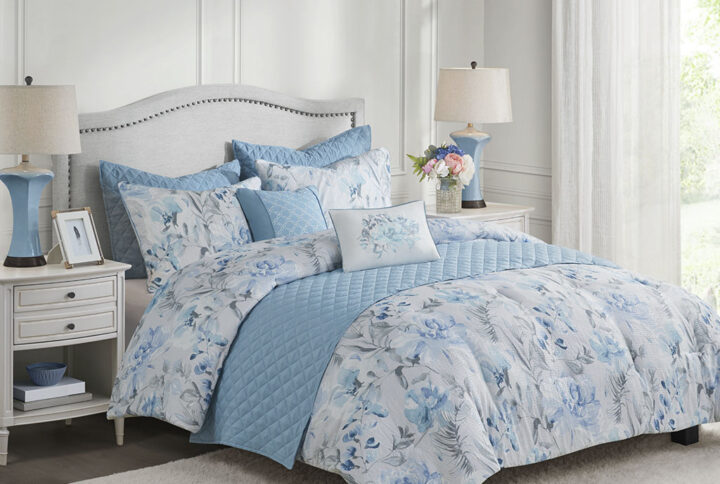 Transform your bedroom with the Madison Park Pema 8 Piece Printed Seersucker Comforter and Quilt Set Collection. This seersucker comforter and 2 shams feature an allover blue floral print