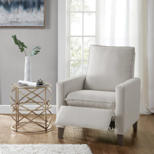 Add extra seating and style to your living room with the sleek design of this modern recliner. Upholstered in an ivory fabric