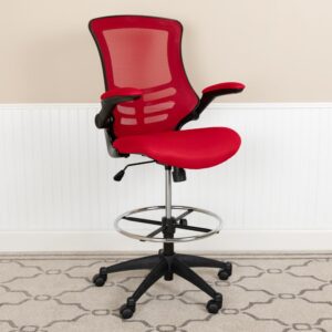 Mid-Back Red Mesh Drafting Chair with Adjustable Foot Ring and Flip-Up Arms From Flash Furniture