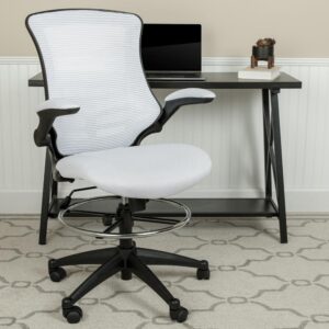 Mid-Back White Mesh Drafting Chair with Adjustable Foot Ring and Flip-Up Arms From Flash Furniture