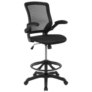 Mid-Back Black Mesh Drafting Chair with Adjustable Foot Ring and Flip-Up Arms From Flash Furniture