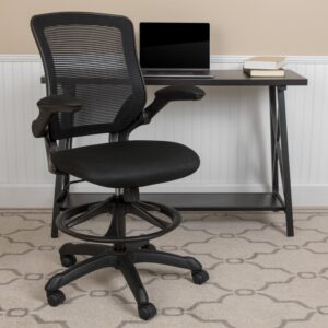 Mid-Back Black Mesh Drafting Chair with Adjustable Foot Ring and Flip-Up Arms From Flash Furniture