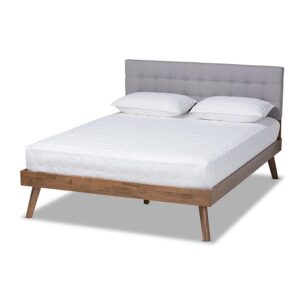 Light Grey Fabric Upholstered Walnut Brown Finished Wood Full Size Platform Bed From Baxton Studio