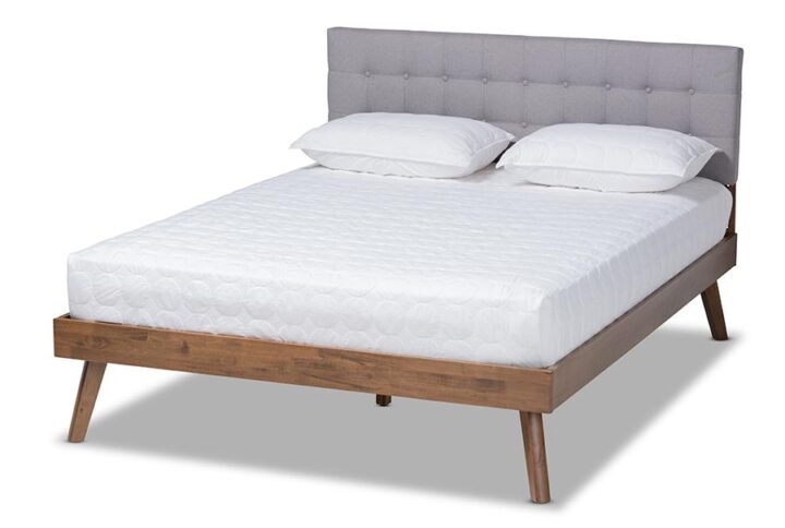 Light Grey Fabric Upholstered Walnut Brown Finished Wood Full Size Platform Bed From Baxton Studio