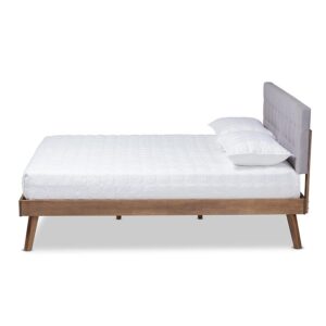 Light Grey Fabric Upholstered Walnut Brown Finished Wood Full Size Platform Bed From Baxton Studio