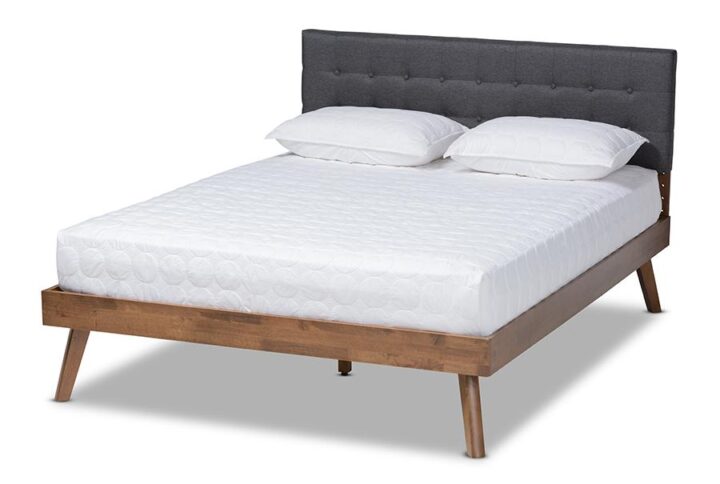 Dark Grey Fabric Upholstered Walnut Brown Finished Wood Full Size Platform Bed From Baxton Studio