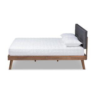 Dark Grey Fabric Upholstered Walnut Brown Finished Wood Full Size Platform Bed From Baxton Studio