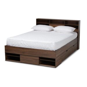 Walnut Brown Finished Wood 1-Drawer Queen Size Platform Storage Bed with Shelves From Baxton Studio