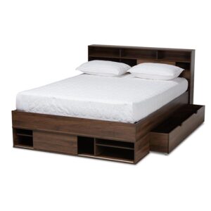 Walnut Brown Finished Wood 1-Drawer Queen Size Platform Storage Bed with Shelves From Baxton Studio