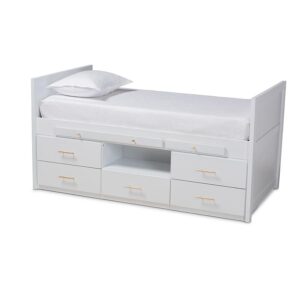 White Finished Wood 5-Drawer Twin Size Storage Bed with Pull-Out Desk From Baxton Studio