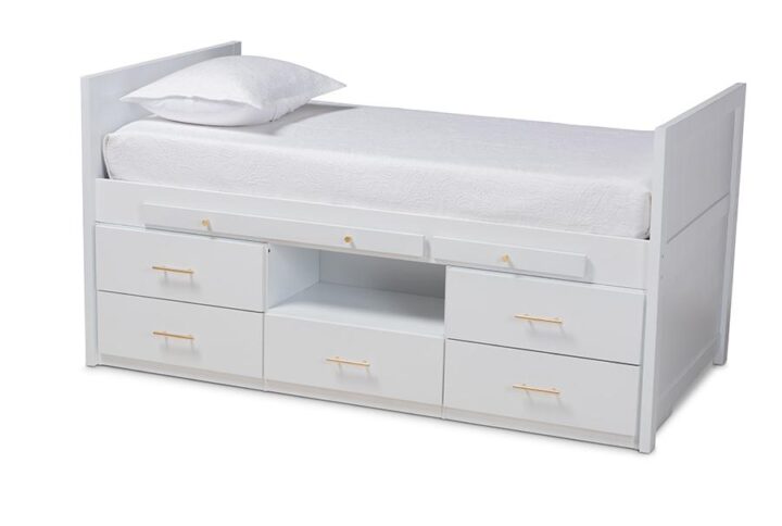 White Finished Wood 5-Drawer Twin Size Storage Bed with Pull-Out Desk From Baxton Studio