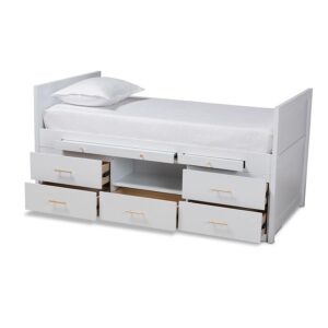 White Finished Wood 5-Drawer Twin Size Storage Bed with Pull-Out Desk From Baxton Studio