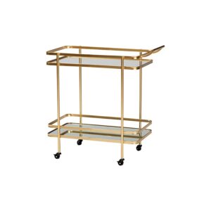 Glam Brushed Gold Finished Metal and Mirrored Glass 2-Tier Mobile Wine Bar Cart From Baxton Studio