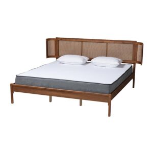 Walnut Brown Finished Wood and Natural Rattan King Size Platform Bed From Baxton Studio