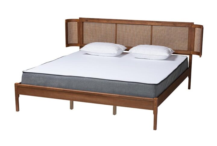 Walnut Brown Finished Wood and Natural Rattan King Size Platform Bed From Baxton Studio