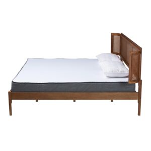 Walnut Brown Finished Wood and Natural Rattan King Size Platform Bed From Baxton Studio