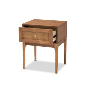 Ash Walnut Finished Wood and Rattan 1-Drawer Nightstand From Baxton Studio