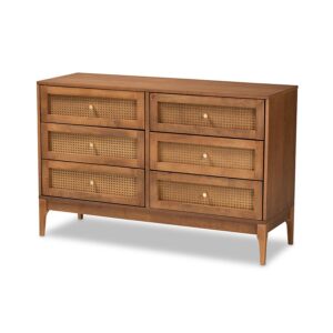 Ramiel Mid-Century Modern Ash Walnut Finished Wood and Rattan 6-Drawer Dresser From Baxton Studio