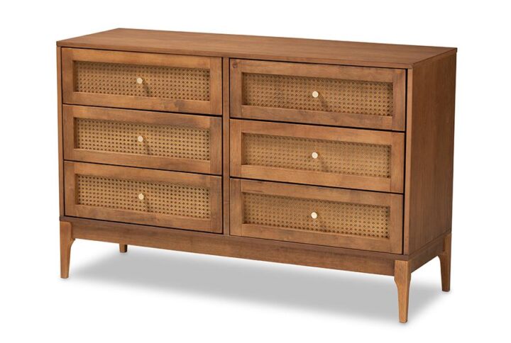 Ramiel Mid-Century Modern Ash Walnut Finished Wood and Rattan 6-Drawer Dresser From Baxton Studio