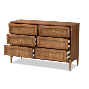 Ramiel Mid-Century Modern Ash Walnut Finished Wood and Rattan 6-Drawer Dresser From Baxton Studio