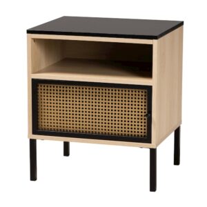 Two-Tone Black and Gold Metal and Light Brown Finished Wood 1-Door End Table From Baxton Studio