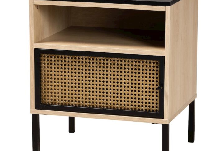 Two-Tone Black and Gold Metal and Light Brown Finished Wood 1-Door End Table From Baxton Studio