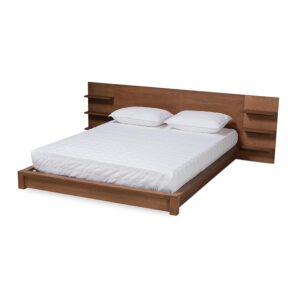 Walnut Brown Finished Wood King Size Platform Storage Bed with Shelves From Baxton Studio