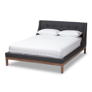 Dark Grey Fabric Upholstered Walnut-Finished Queen Sized Platform Bed From Baxton Studio