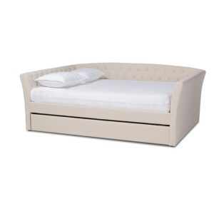 Beige Fabric Upholstered Queen Size Daybed with Roll-Out Trundle Bed From Baxton Studio