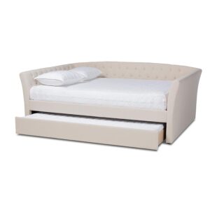 Beige Fabric Upholstered Queen Size Daybed with Roll-Out Trundle Bed From Baxton Studio