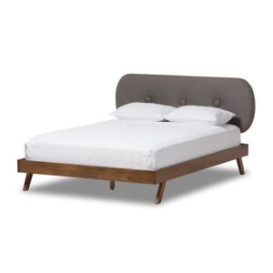 Solid Walnut Wood Grey Fabric Upholstered King Size Platform Bed From Baxton Studio