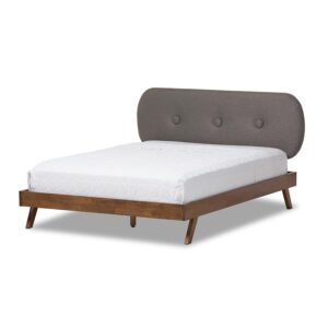 Solid Walnut Wood Grey Fabric Upholstered King Size Platform Bed From Baxton Studio