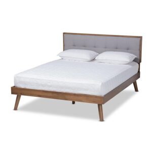 Light Grey Fabric Upholstered Walnut Brown Finished Wood King Size Platform Bed From Baxton Studio