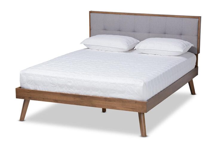 Light Grey Fabric Upholstered Walnut Brown Finished Wood King Size Platform Bed From Baxton Studio