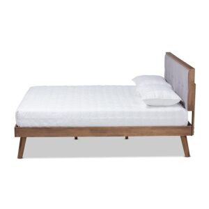 Light Grey Fabric Upholstered Walnut Brown Finished Wood King Size Platform Bed From Baxton Studio