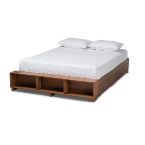 Walnut Brown Finished Wood King Size Platform Bed with Built-In Shelves From Baxton Studio