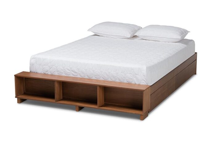 Walnut Brown Finished Wood King Size Platform Bed with Built-In Shelves From Baxton Studio