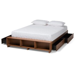 Walnut Brown Finished Wood King Size Platform Bed with Built-In Shelves From Baxton Studio