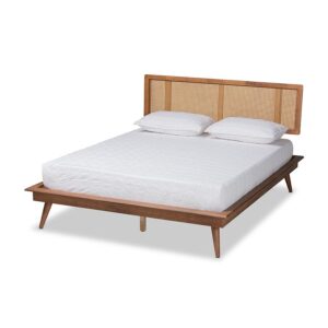 Walnut Brown Finished Wood and Synthetic Rattan King Size Platform Bed From Baxton Studio