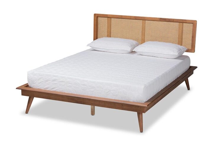 Walnut Brown Finished Wood and Synthetic Rattan King Size Platform Bed From Baxton Studio