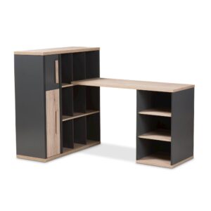 Dark Grey and Light Brown Two-Tone Study Desk with Built-in Shelving Unit From Baxton Studio