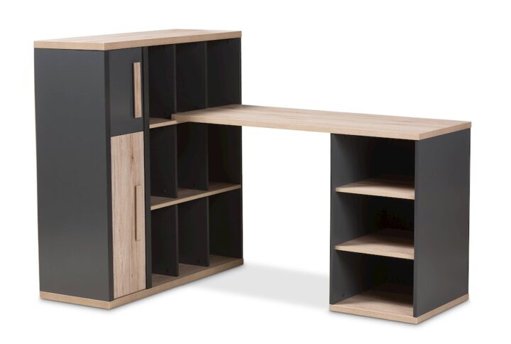 Dark Grey and Light Brown Two-Tone Study Desk with Built-in Shelving Unit From Baxton Studio