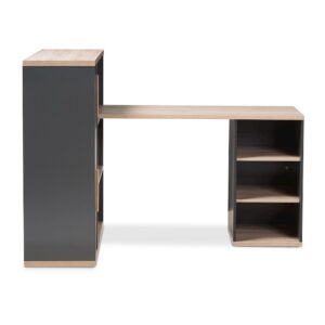 Dark Grey and Light Brown Two-Tone Study Desk with Built-in Shelving Unit From Baxton Studio