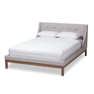 Greyish Beige Fabric Upholstered Walnut-Finished Full Sized Platform Bed From Baxton Studio