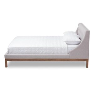 Greyish Beige Fabric Upholstered Walnut-Finished Full Sized Platform Bed From Baxton Studio