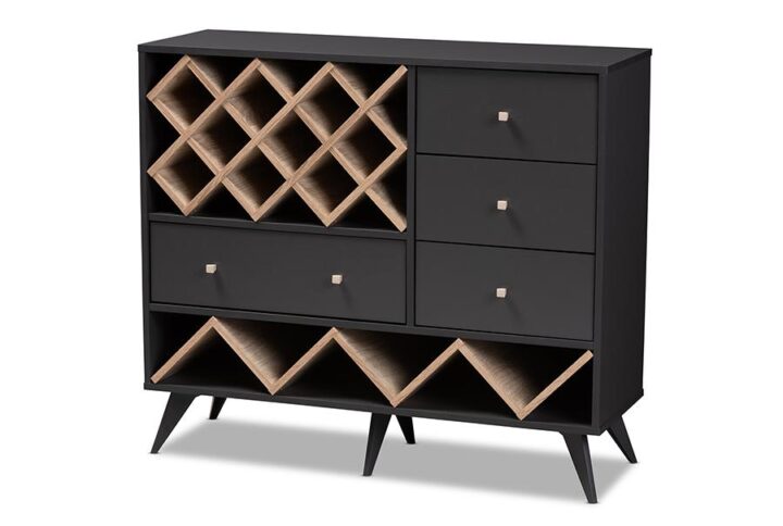 Savino Mid-Century Modern Dark Grey and Oak Finished Wood Wine Cabinet From Baxton Studio