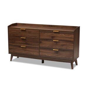 Lena Mid-Century Modern Walnut Brown Finished 6-Drawer Wood Dresser From Baxton Studio