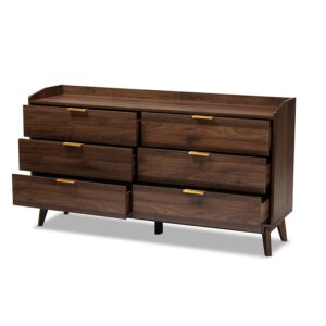 Lena Mid-Century Modern Walnut Brown Finished 6-Drawer Wood Dresser From Baxton Studio