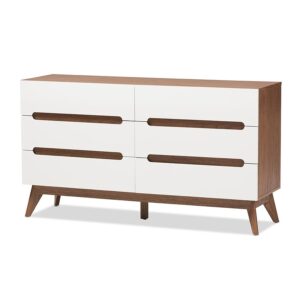 Calypso Mid-Century Modern White and Walnut Wood 6-Drawer Storage Dresser From Baxton Studio